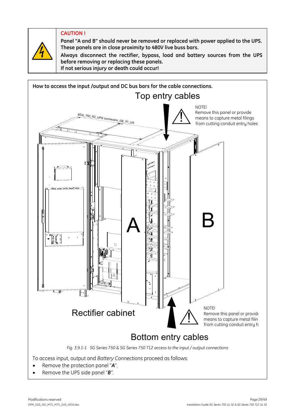 Bottom entry cables, Top entry cables, Rectifier cabinet | GE Industrial Solutions SG Series 750 T12 UL S2 Installation Guide User Manual | Page 29 / 49