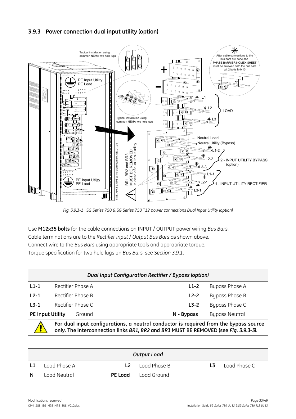 3 power connection dual input utility (option), Power connection dual input utility (option) | GE Industrial Solutions SG Series 750 T12 UL S2 Installation Guide User Manual | Page 33 / 49