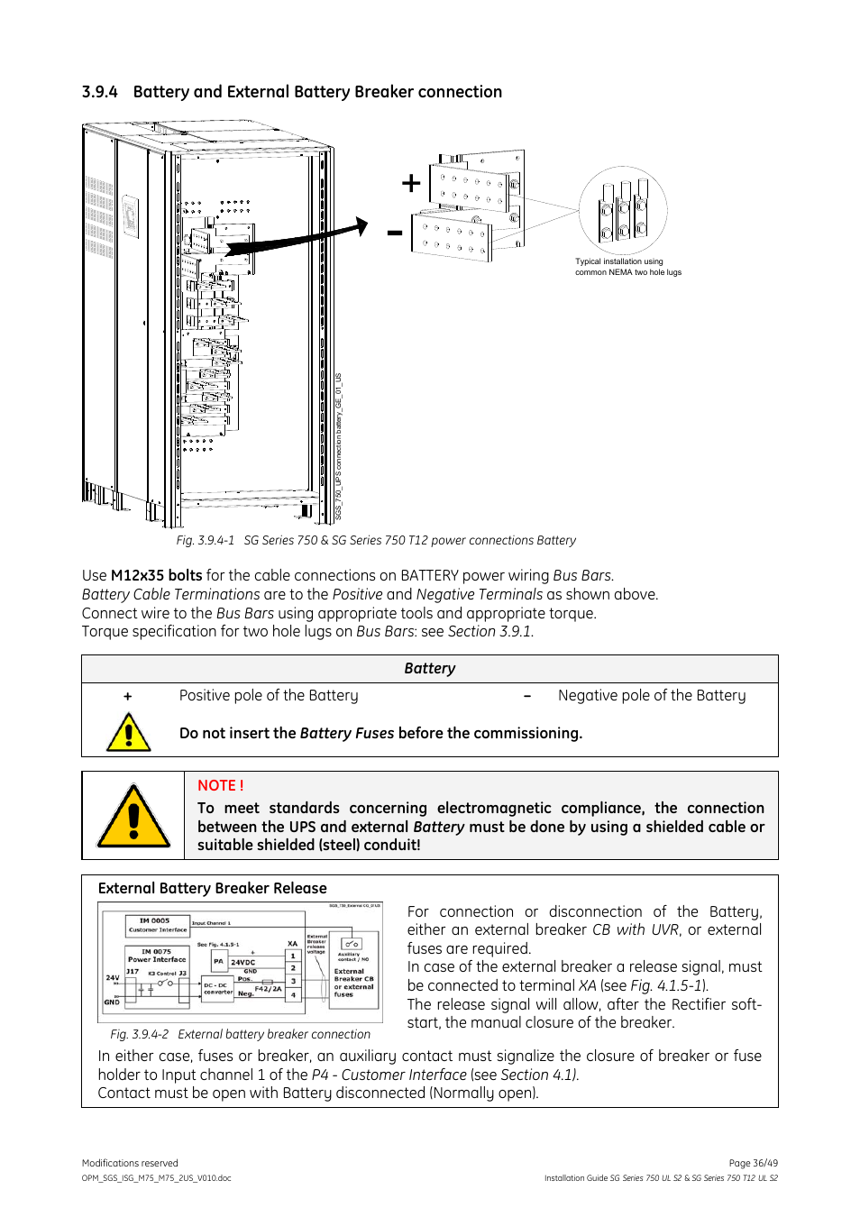 4 battery and external battery breaker connection, Battery and external battery breaker connection | GE Industrial Solutions SG Series 750 T12 UL S2 Installation Guide User Manual | Page 36 / 49