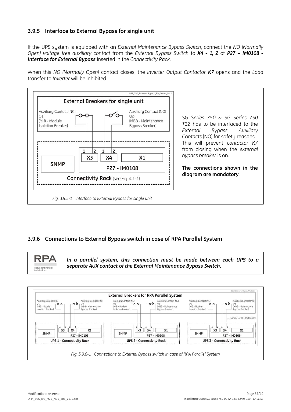 5 interface to external bypass for single unit, Interface to external bypass for single unit | GE Industrial Solutions SG Series 750 T12 UL S2 Installation Guide User Manual | Page 37 / 49