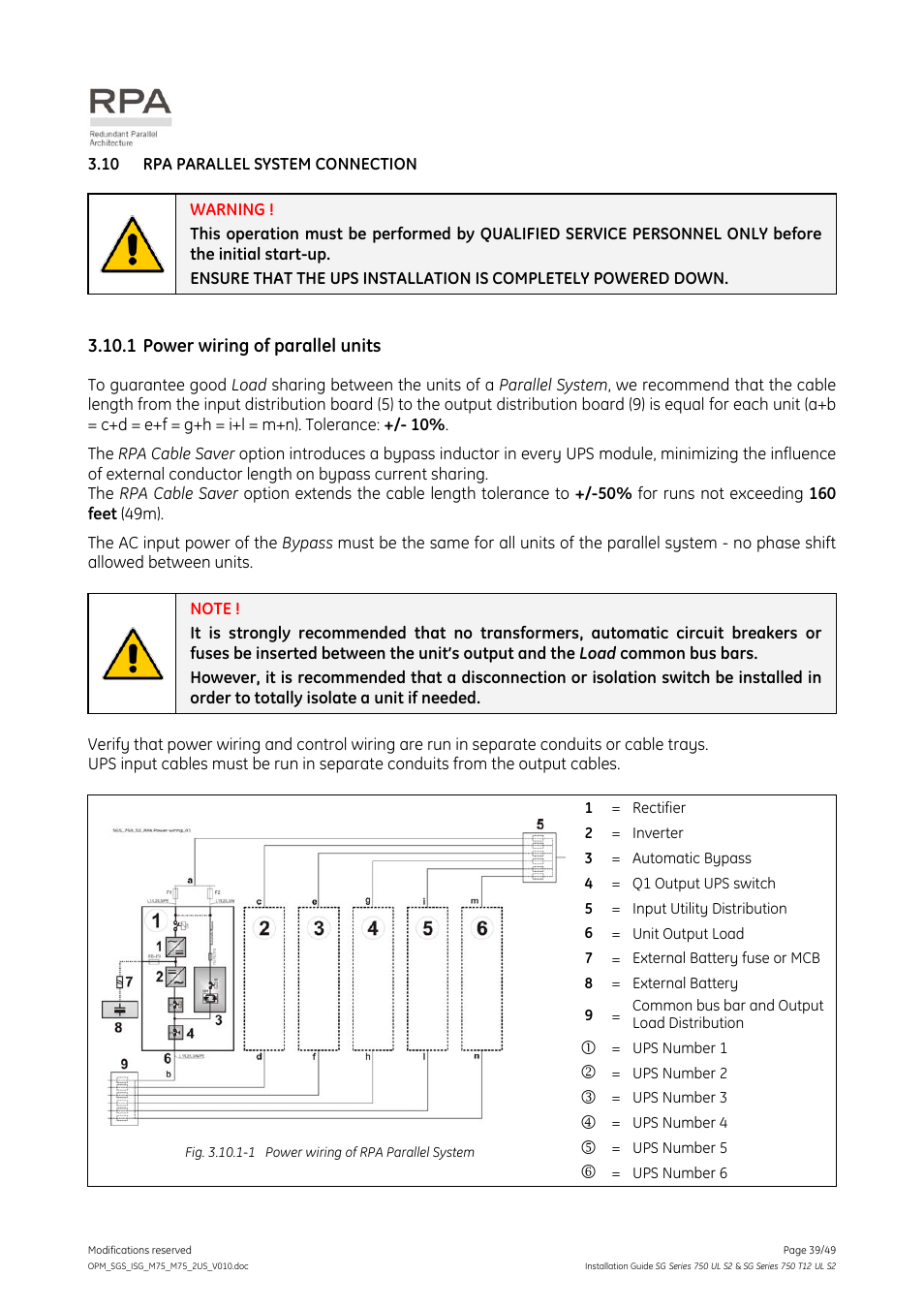 10 rpa parallel system connection, 1 power wiring of parallel units, Rpa parallel system connection | Power wiring of parallel units | GE Industrial Solutions SG Series 750 T12 UL S2 Installation Guide User Manual | Page 39 / 49