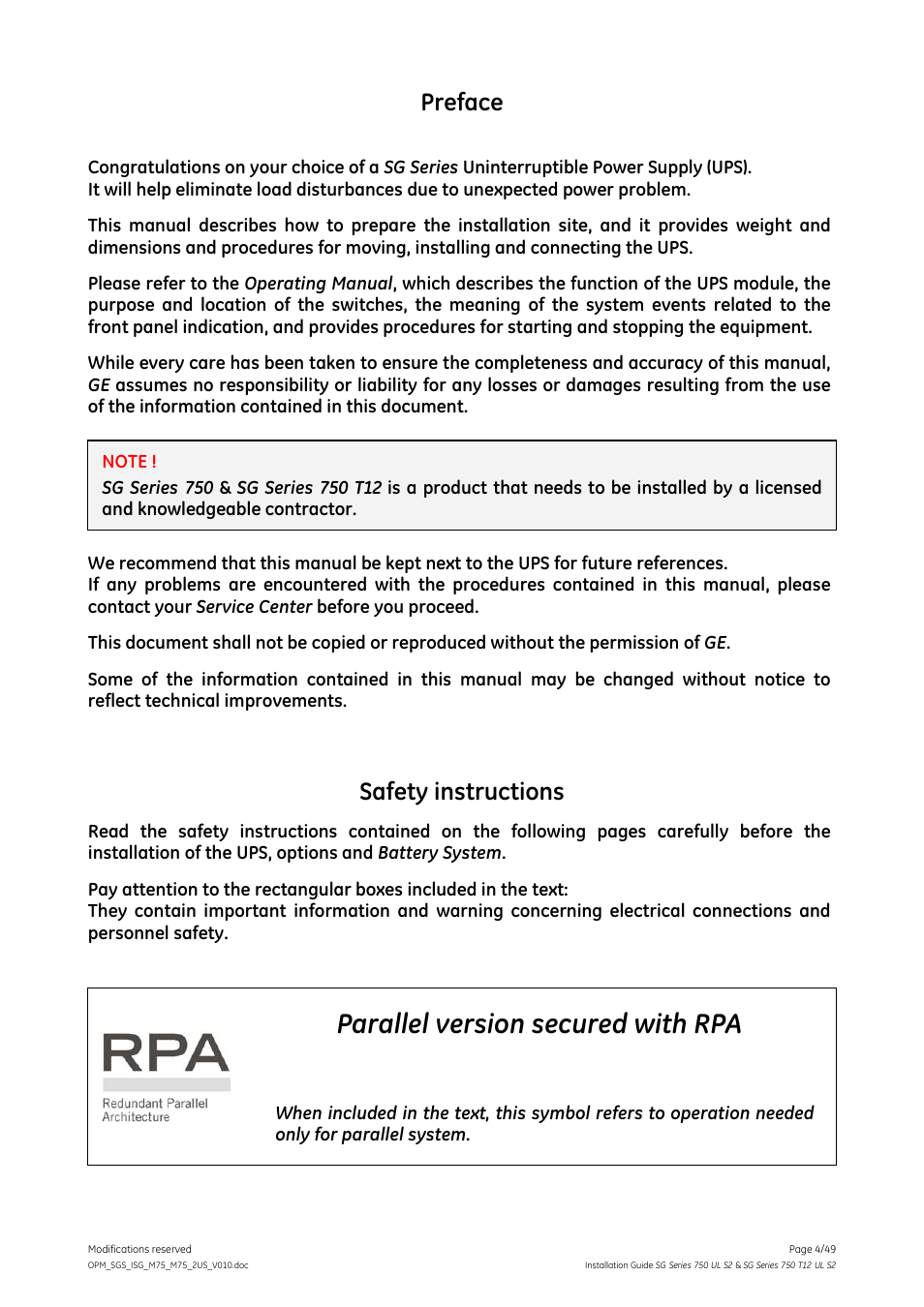Parallel version secured with rpa, Preface, Safety instructions | GE Industrial Solutions SG Series 750 T12 UL S2 Installation Guide User Manual | Page 4 / 49