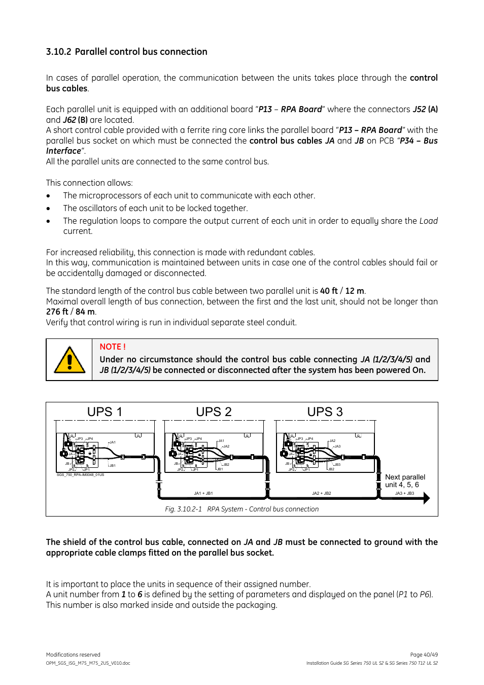 2 parallel control bus connection, Parallel control bus connection, Ups 3 ups 2 ups 1 | GE Industrial Solutions SG Series 750 T12 UL S2 Installation Guide User Manual | Page 40 / 49