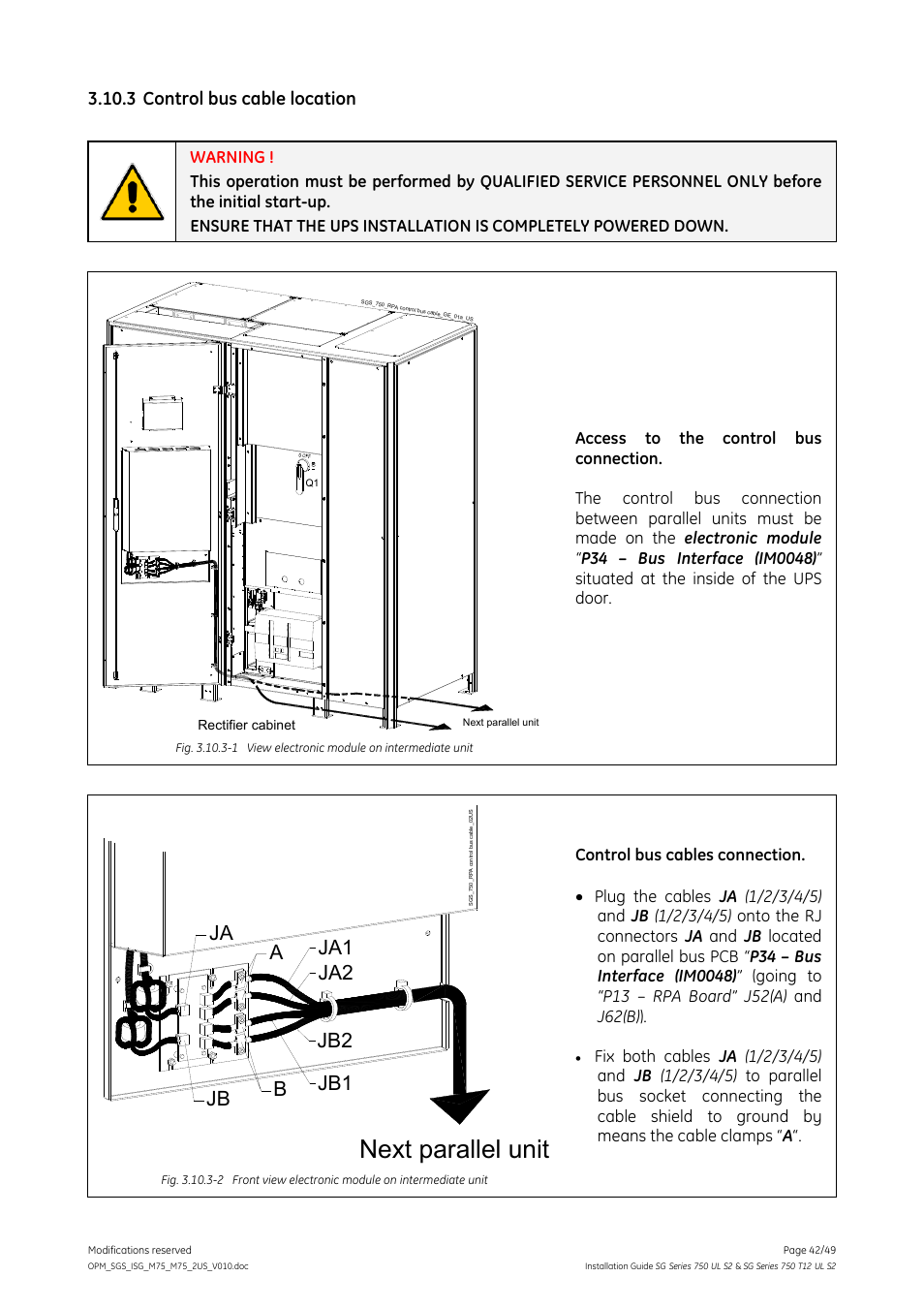 3 control bus cable location, Control bus cable location, Next parallel unit | Ab ja ja2 jb2 jb1 ja1 jb | GE Industrial Solutions SG Series 750 T12 UL S2 Installation Guide User Manual | Page 42 / 49
