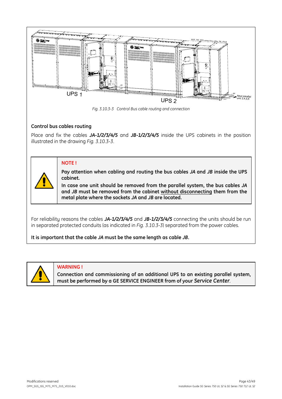 Service center, Ups 1 ups 2, Control bus cables routing | GE Industrial Solutions SG Series 750 T12 UL S2 Installation Guide User Manual | Page 43 / 49