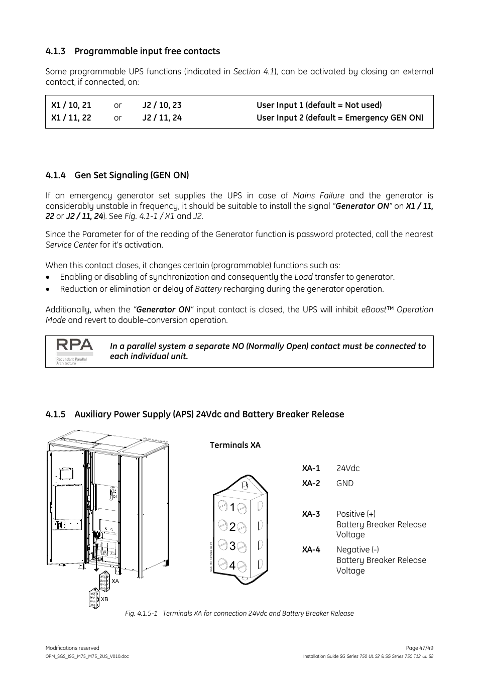 3 programmable input free contacts, 4 gen set signaling (gen on), Programmable input free contacts | Gen set signaling (gen on), Terminals xa | GE Industrial Solutions SG Series 750 T12 UL S2 Installation Guide User Manual | Page 47 / 49