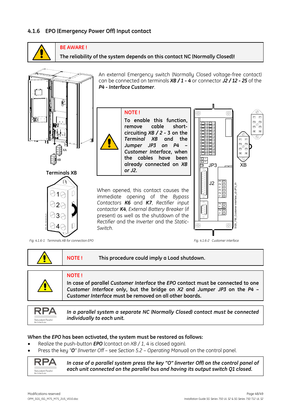 6 epo (emergency power off) input contact, Epo (emergency power off) input contact, Terminals xb | GE Industrial Solutions SG Series 750 T12 UL S2 Installation Guide User Manual | Page 48 / 49