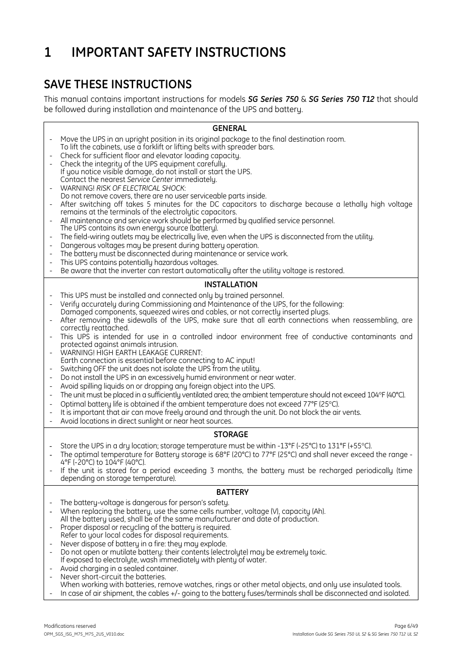 1 important safety instructions, Important safety instructions, 1important safety instructions | Save these instructions | GE Industrial Solutions SG Series 750 T12 UL S2 Installation Guide User Manual | Page 6 / 49