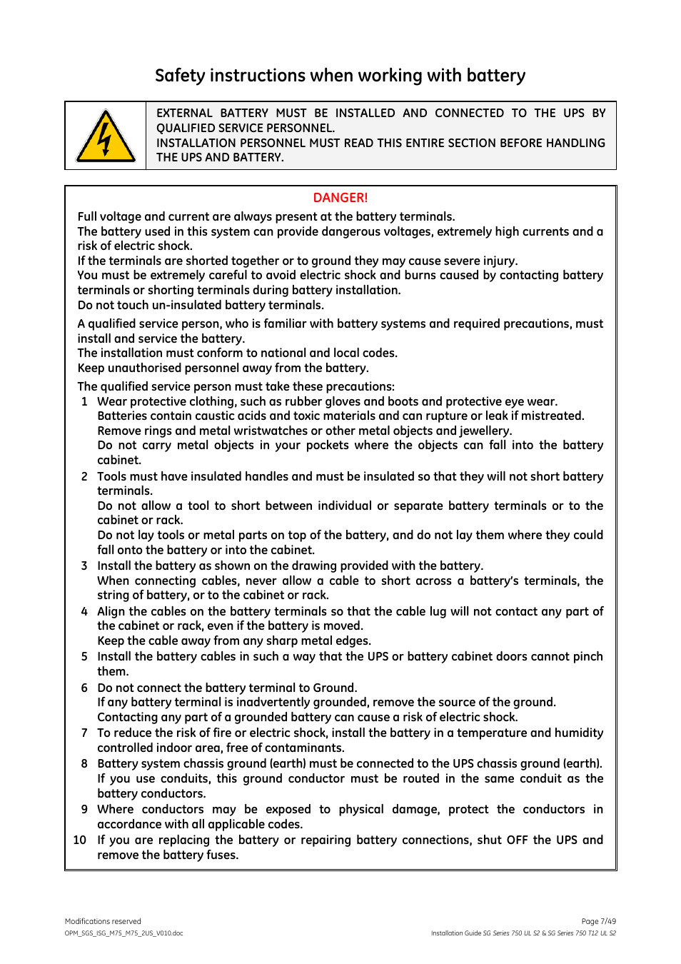 Safety instructions when working with battery, Danger | GE Industrial Solutions SG Series 750 T12 UL S2 Installation Guide User Manual | Page 7 / 49