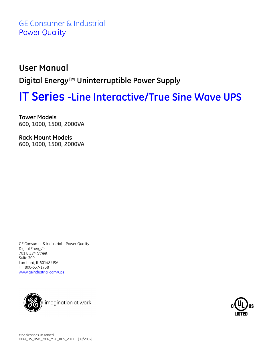 GE Industrial Solutions IT Series 600-2000VA User Manual | 31 pages