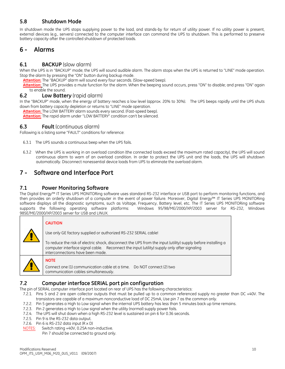 6 - alarms, 7 - software and interface port, 8 shutdown mode | 1 backup (slow alarm), 2 low battery (rapid alarm), 3 fault (continuous alarm), 1 power monitoring software, 2 computer interface serial port pin configuration | GE Industrial Solutions IT Series 600-2000VA User Manual | Page 14 / 31