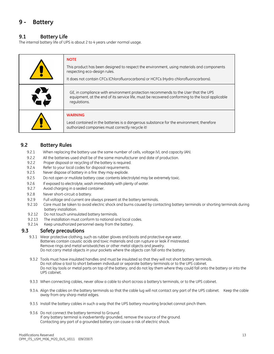 9 - battery, 1 battery life, 2 battery rules | 3 safety precautions | GE Industrial Solutions IT Series 600-2000VA User Manual | Page 17 / 31