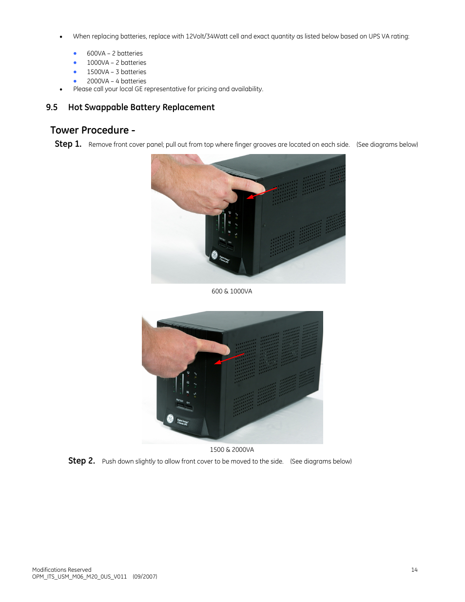 Tower procedure, 5 hot swappable battery replacement, Step 1 | Step 2 | GE Industrial Solutions IT Series 600-2000VA User Manual | Page 18 / 31