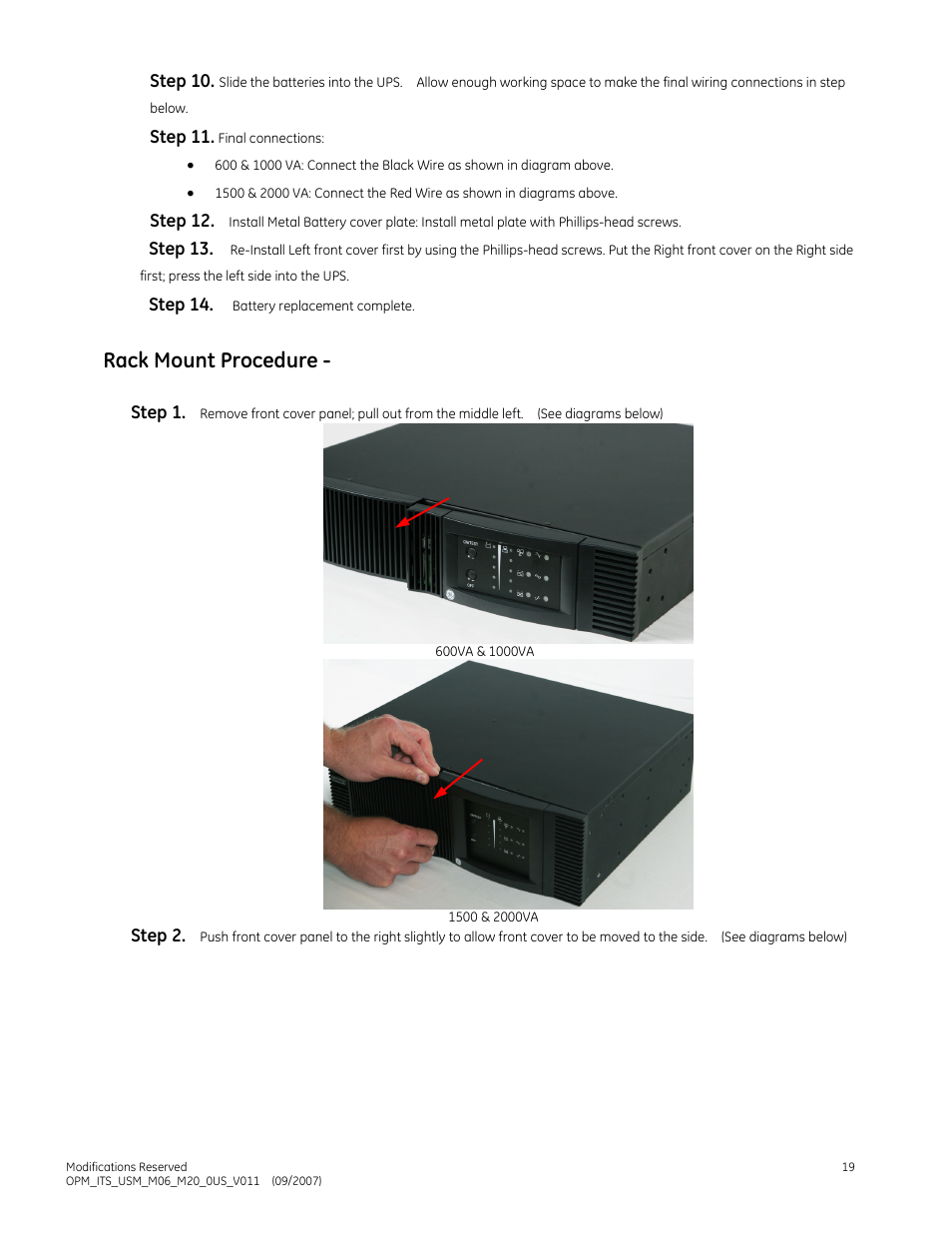 Rack mount procedure | GE Industrial Solutions IT Series 600-2000VA User Manual | Page 23 / 31