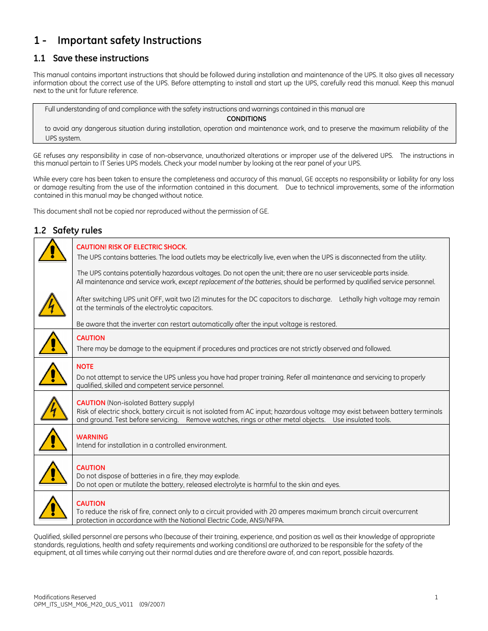 1 - important safety instructions, 1 save these instructions, 2 safety rules | GE Industrial Solutions IT Series 600-2000VA User Manual | Page 5 / 31