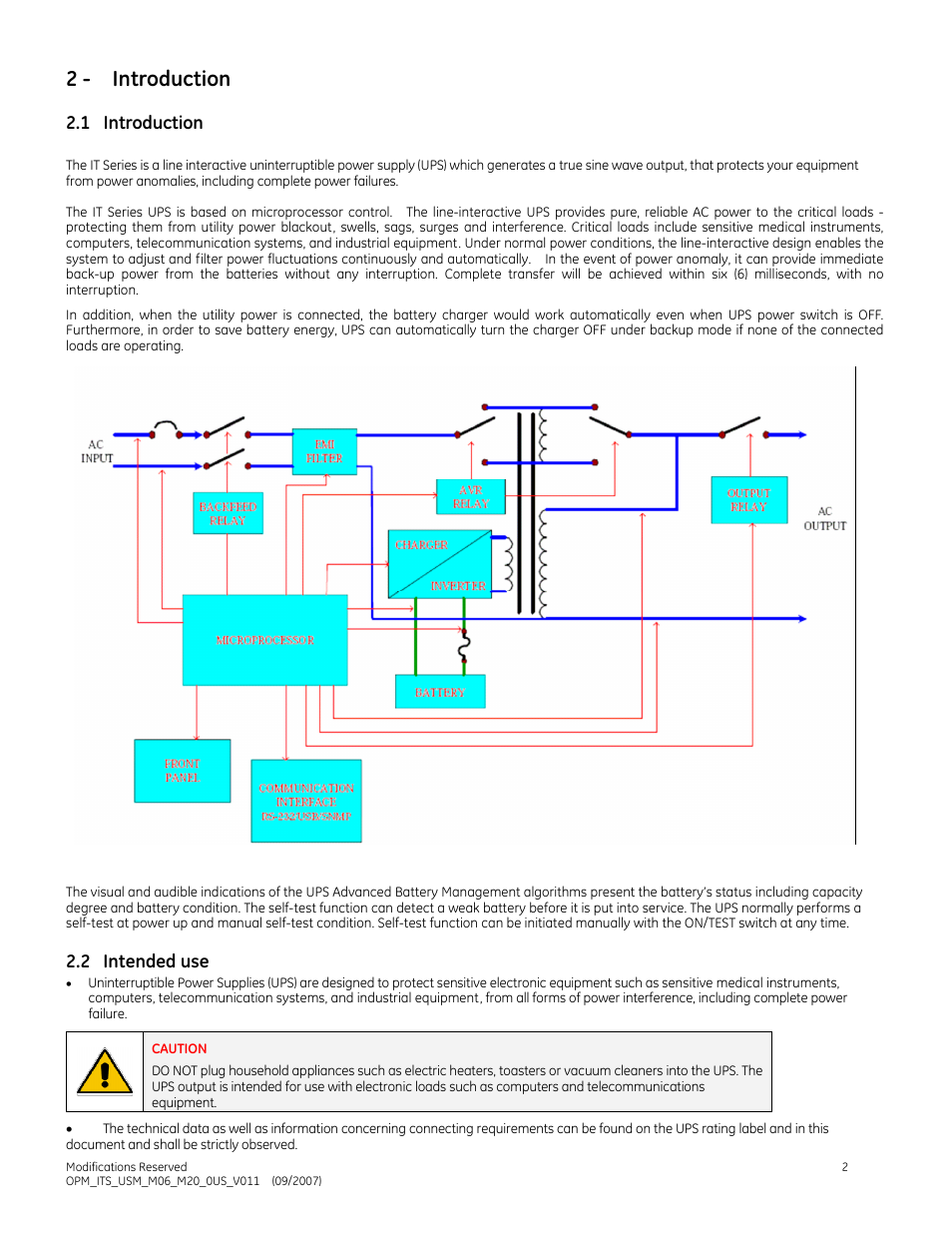 2 - introduction, 1 introduction, 2 intended use | GE Industrial Solutions IT Series 600-2000VA User Manual | Page 6 / 31
