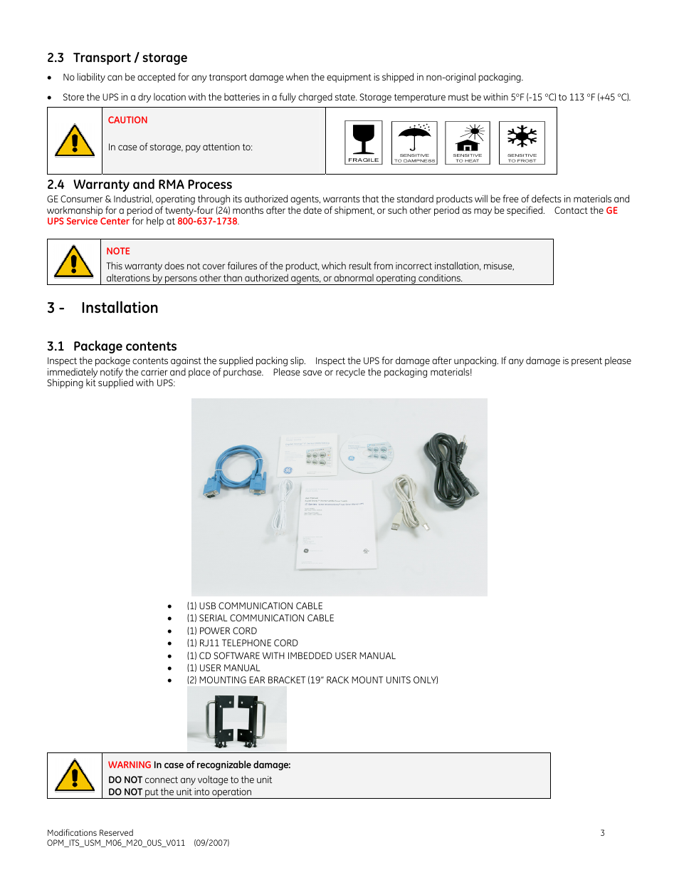 3 - installation, 3 transport / storage, 4 warranty and rma process | 1 package contents | GE Industrial Solutions IT Series 600-2000VA User Manual | Page 7 / 31