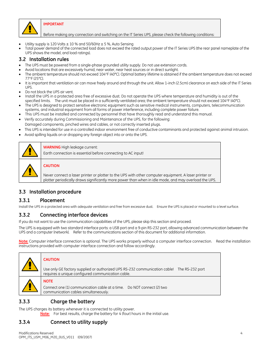 2 installation rules, 3 installation procedure 3.3.1 placement, 2 connecting interface devices | 3 charge the battery, 4 connect to utility supply | GE Industrial Solutions IT Series 600-2000VA User Manual | Page 8 / 31