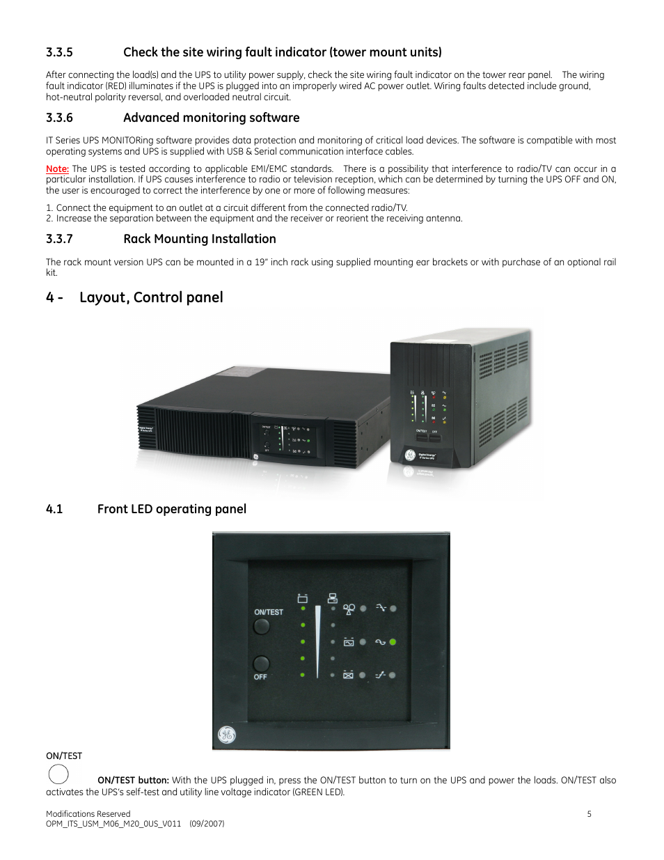 4 - layout, control panel | GE Industrial Solutions IT Series 600-2000VA User Manual | Page 9 / 31