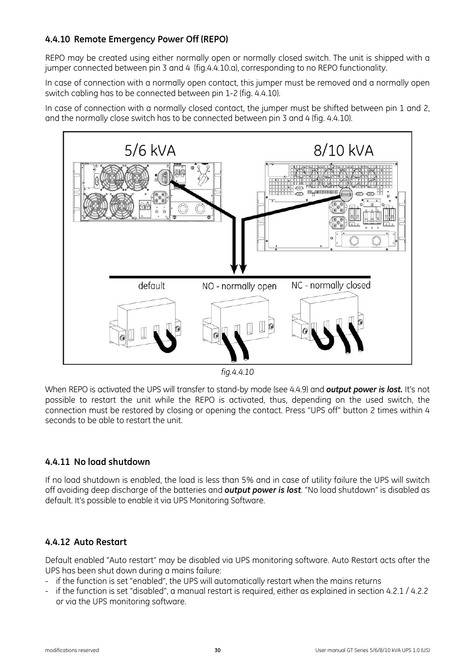 10 remote emergency power off (repo), 11 no load shutdown, 12 auto restart | Remote emergency power off (repo), No load shutdown, Auto restart | GE Industrial Solutions Digital Energy GT Series UPS 5_6_8_10 kVA User Manual | Page 30 / 41