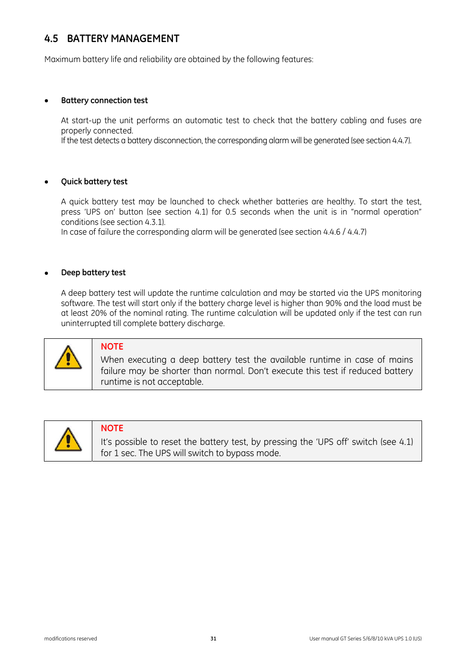5 battery management, Battery management | GE Industrial Solutions Digital Energy GT Series UPS 5_6_8_10 kVA User Manual | Page 31 / 41