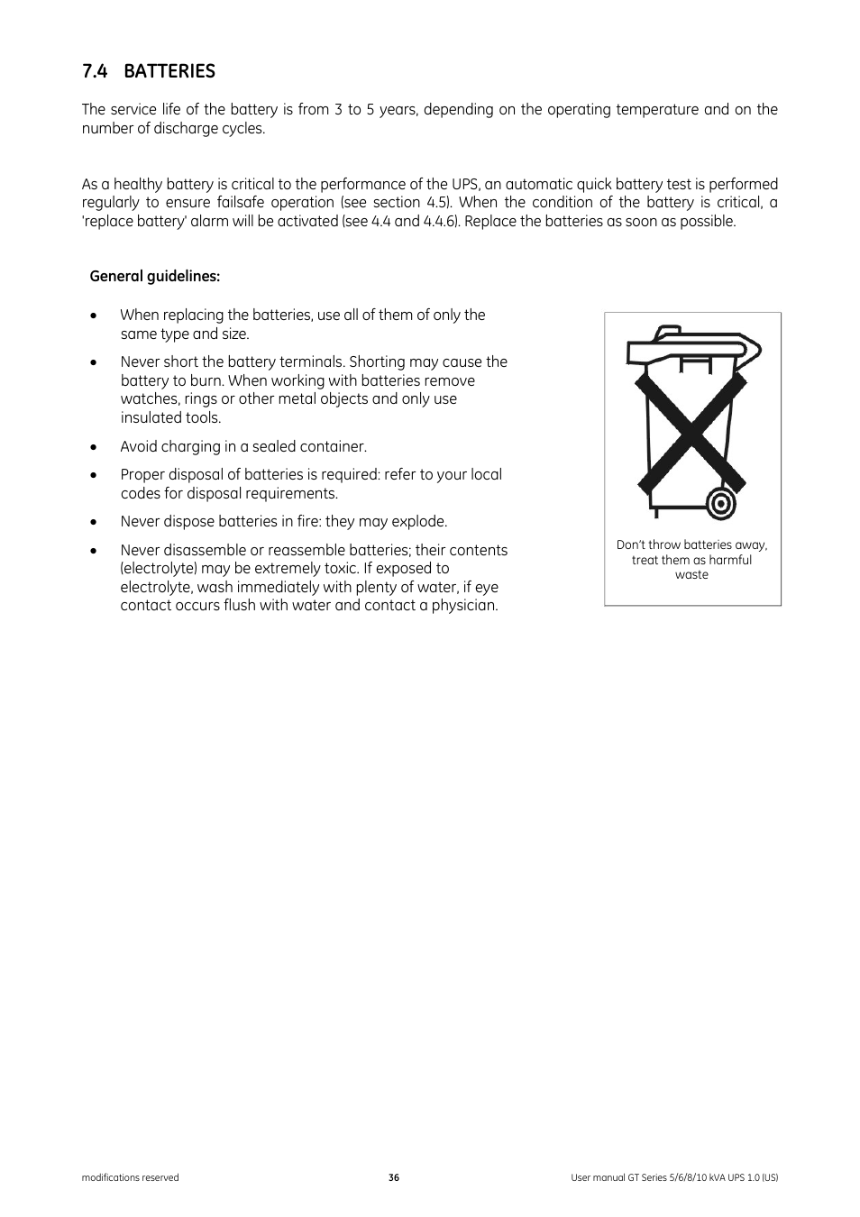 4 batteries, Batteries | GE Industrial Solutions Digital Energy GT Series UPS 5_6_8_10 kVA User Manual | Page 36 / 41