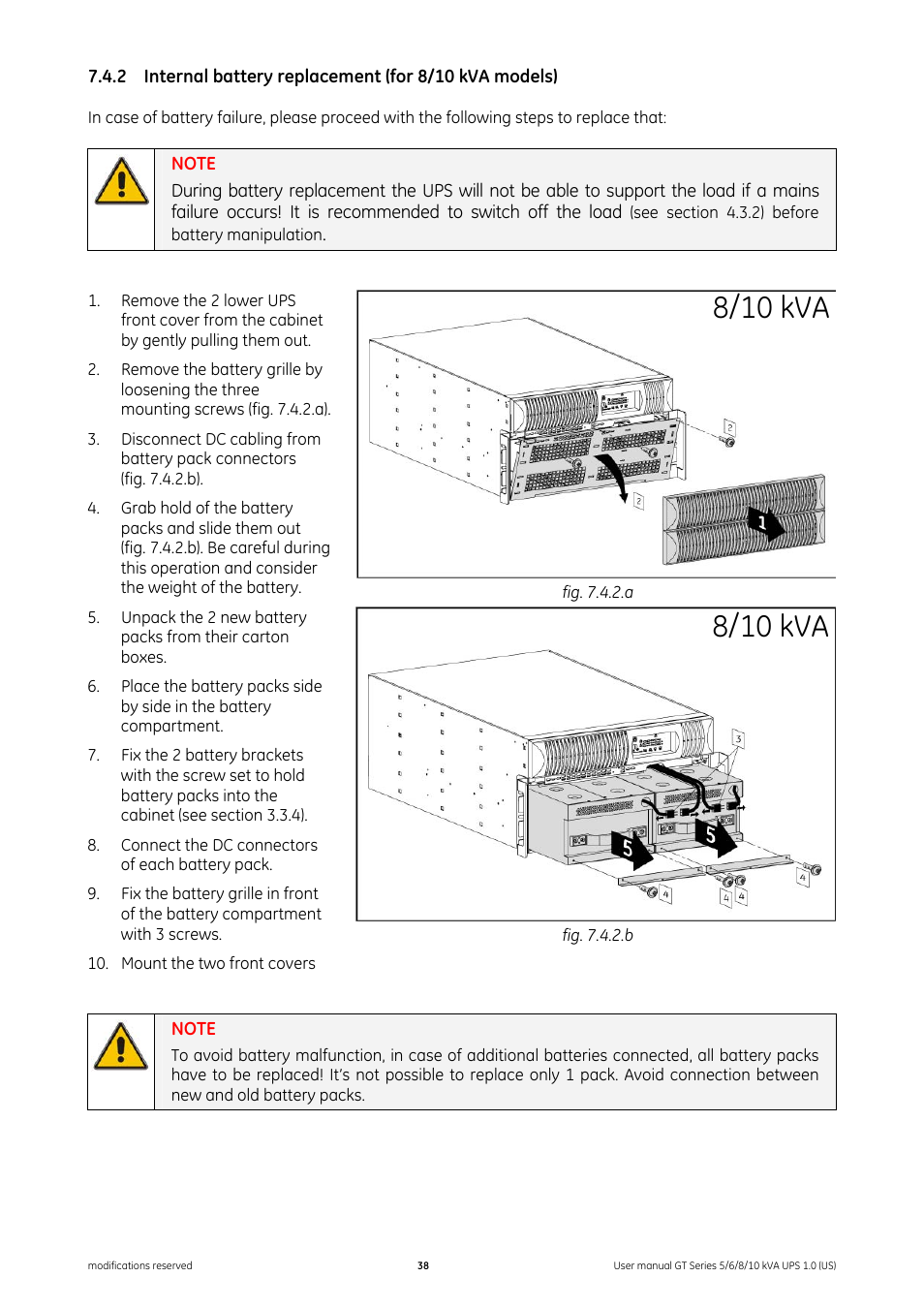 Internal battery replacement (for 8/10 kva models), 8/10 kva | GE Industrial Solutions Digital Energy GT Series UPS 5_6_8_10 kVA User Manual | Page 38 / 41