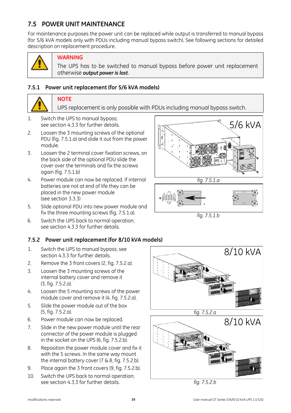 5 power unit maintenance, 1 power unit replacement (for 5/6 kva models), 2 power unit replacement (for 8/10 kva models) | Power unit maintenance, Power unit replacement (for 5/6 kva models), Power unit replacement (for 8/10 kva models), 5/6 kva, 8/10 kva | GE Industrial Solutions Digital Energy GT Series UPS 5_6_8_10 kVA User Manual | Page 39 / 41