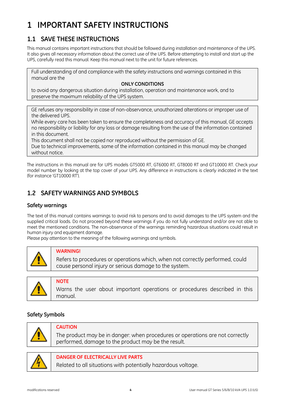 1 important safety instructions, 1 save these instructions, 2 safety warnings and symbols | Important safety instructions, Save these instructions, Safety warnings and symbols | GE Industrial Solutions Digital Energy GT Series UPS 5_6_8_10 kVA User Manual | Page 4 / 41