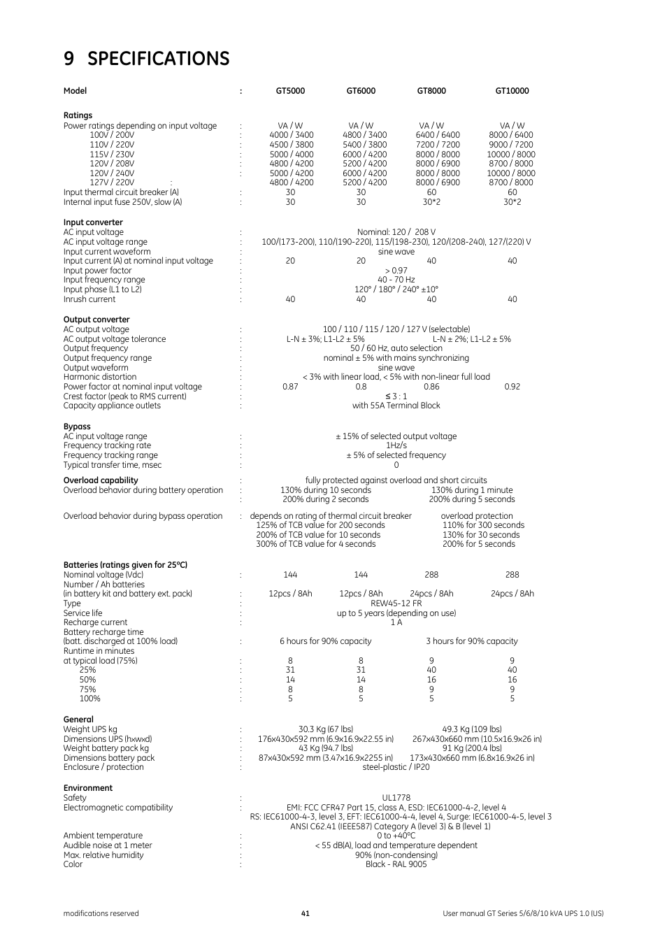 9 specifications, Specifications | GE Industrial Solutions Digital Energy GT Series UPS 5_6_8_10 kVA User Manual | Page 41 / 41