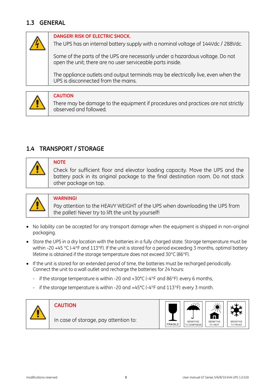 3 general, 4 transport / storage, General | Transport / storage | GE Industrial Solutions Digital Energy GT Series UPS 5_6_8_10 kVA User Manual | Page 5 / 41