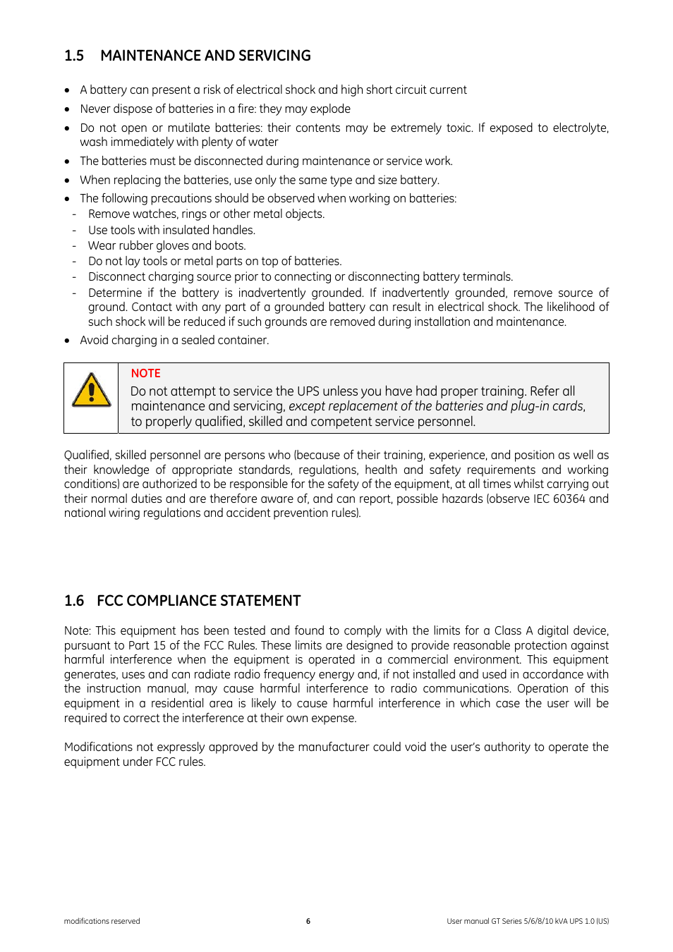5 maintenance and servicing, 6 fcc compliance statement, Maintenance and servicing | Fcc compliance statement | GE Industrial Solutions Digital Energy GT Series UPS 5_6_8_10 kVA User Manual | Page 6 / 41