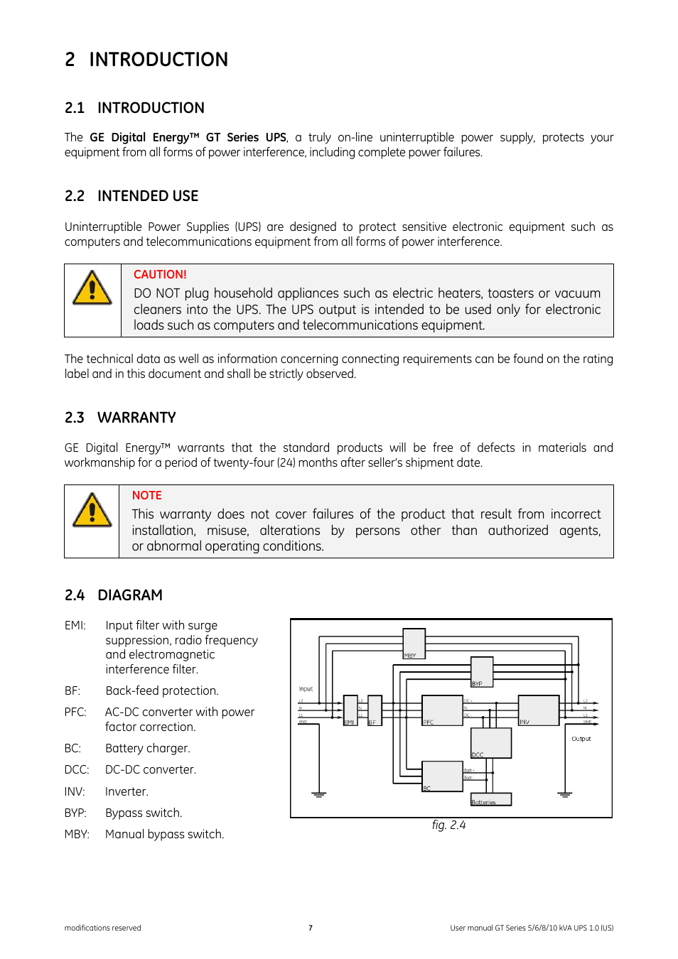 2 introduction, 1 introduction, 2 intended use | 3 warranty, 4 diagram, Introduction, Intended use, Warranty, Diagram | GE Industrial Solutions Digital Energy GT Series UPS 5_6_8_10 kVA User Manual | Page 7 / 41