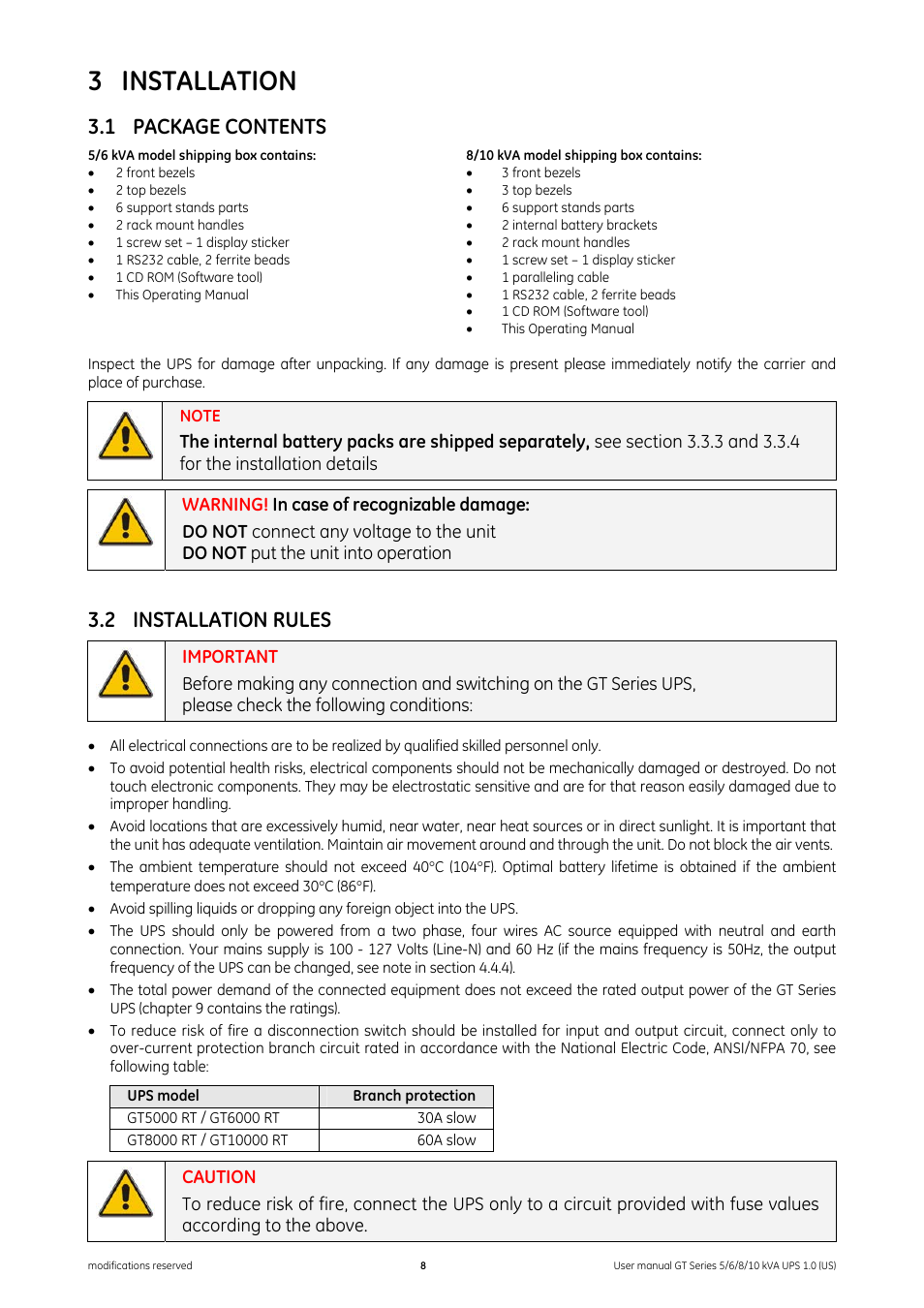 3 installation, 1 package contents, 2 installation rules | Installation, Package contents, Installation rules | GE Industrial Solutions Digital Energy GT Series UPS 5_6_8_10 kVA User Manual | Page 8 / 41