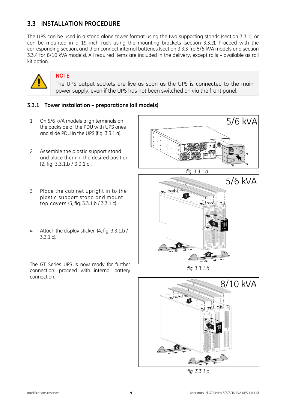 3 installation procedure, 1 tower installation – preparations (all models), Installation procedure | Tower installation – preparations (all models), 5/6 kva | GE Industrial Solutions Digital Energy GT Series UPS 5_6_8_10 kVA User Manual | Page 9 / 41