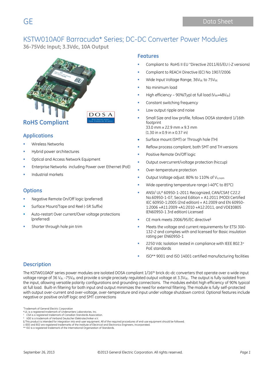 GE Industrial Solutions KSTW010A0F Barracuda Series User Manual | 16 pages