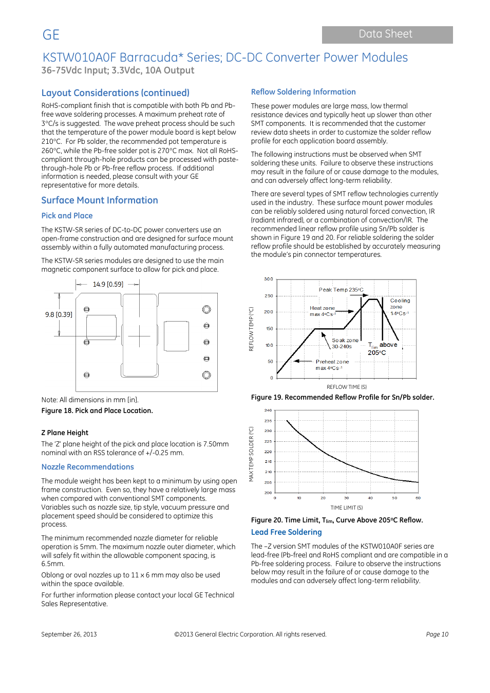 Data sheet, Layout considerations (continued), Surface mount information | GE Industrial Solutions KSTW010A0F Barracuda Series User Manual | Page 10 / 16