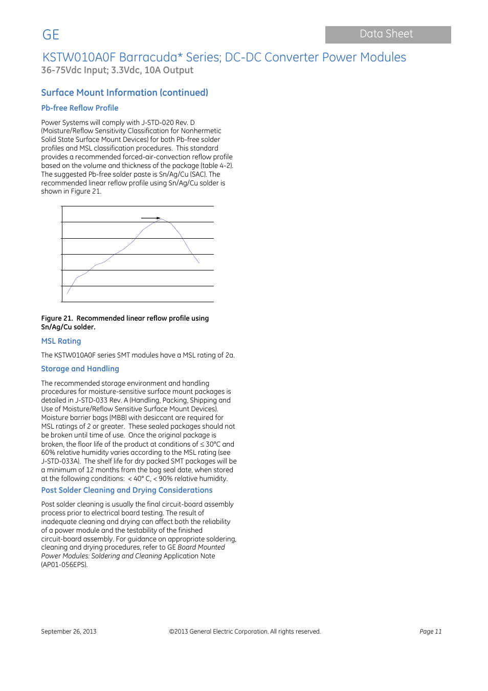 Data sheet, Surface mount information (continued) | GE Industrial Solutions KSTW010A0F Barracuda Series User Manual | Page 11 / 16