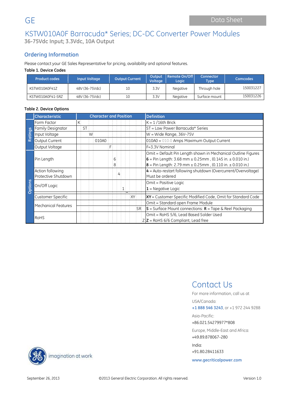 Contact us, Data sheet, Ordering information | GE Industrial Solutions KSTW010A0F Barracuda Series User Manual | Page 16 / 16