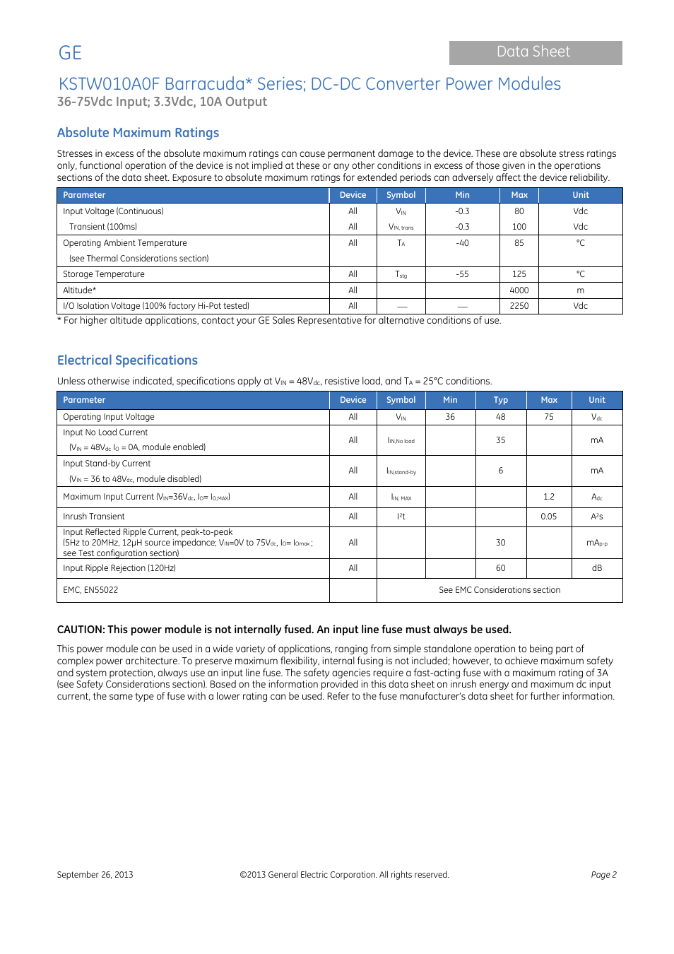 Data sheet, Absolute maximum ratings, Electrical specifications | GE Industrial Solutions KSTW010A0F Barracuda Series User Manual | Page 2 / 16