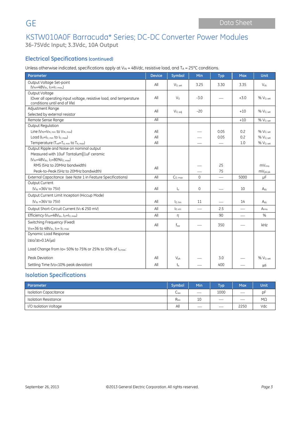 Data sheet, Electrical specifications, Isolation specifications | GE Industrial Solutions KSTW010A0F Barracuda Series User Manual | Page 3 / 16