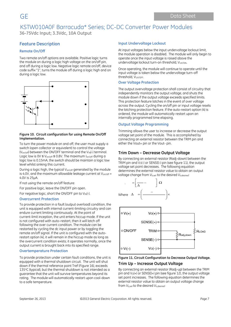 Data sheet, Feature description, Trim down – decrease output voltage | Trim up – increase output voltage | GE Industrial Solutions KSTW010A0F Barracuda Series User Manual | Page 7 / 16