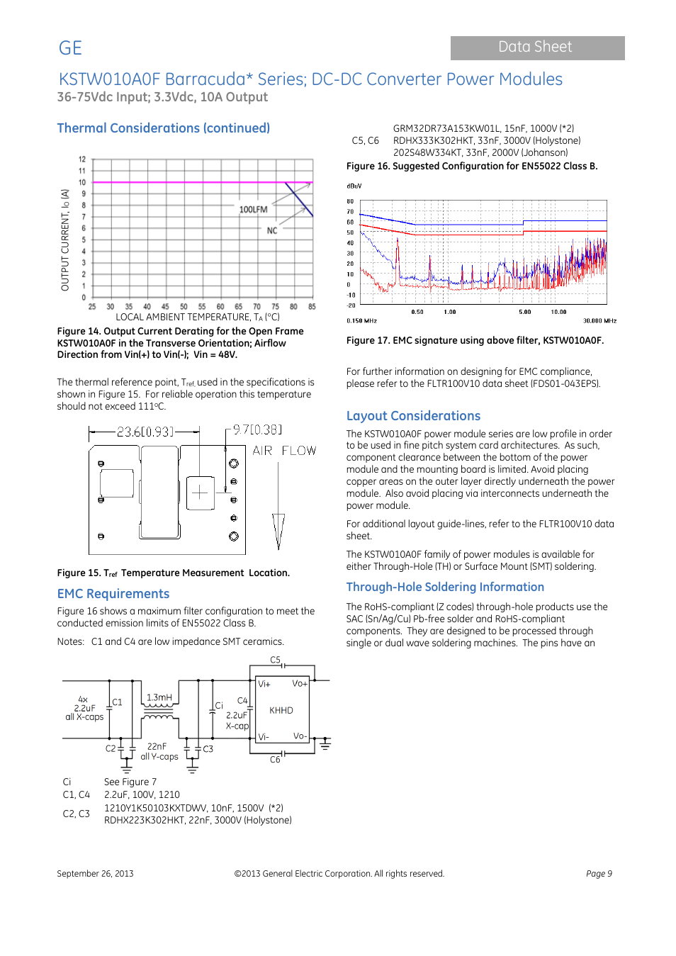 Data sheet, Thermal considerations (continued), Emc requirements | Layout considerations | GE Industrial Solutions KSTW010A0F Barracuda Series User Manual | Page 9 / 16