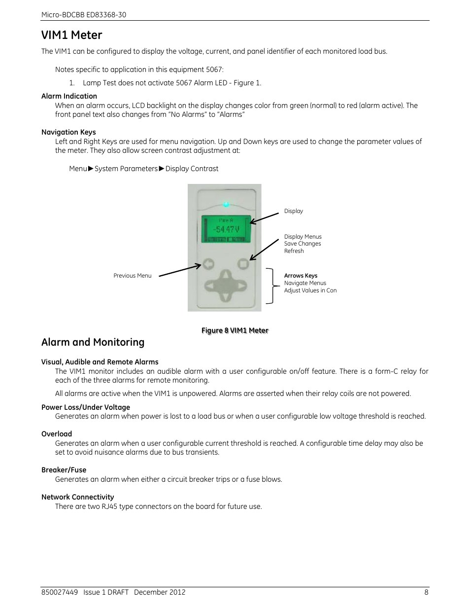 Vim1 meter, Alarm and monitoring | GE Industrial Solutions Mini-BDFB User Manual | Page 8 / 12