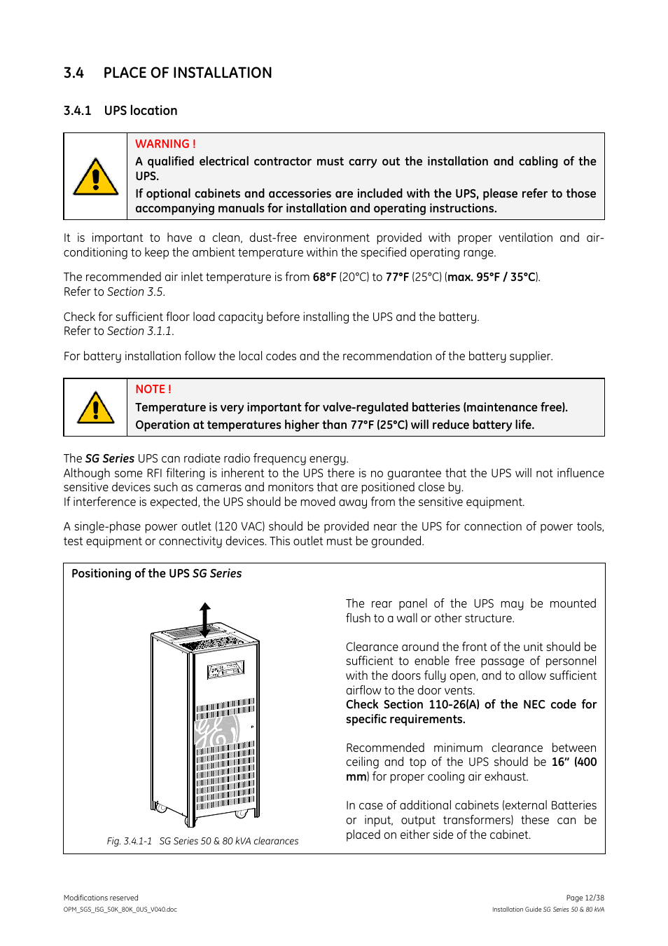 4 place of installation, 1 ups location, Place of installation | Ups location | GE Industrial Solutions SG Series 50 & 80 kVA Installation Guide User Manual | Page 12 / 38