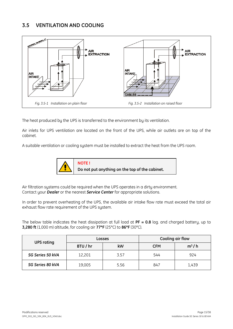 5 ventilation and cooling, Ventilation and cooling | GE Industrial Solutions SG Series 50 & 80 kVA Installation Guide User Manual | Page 15 / 38