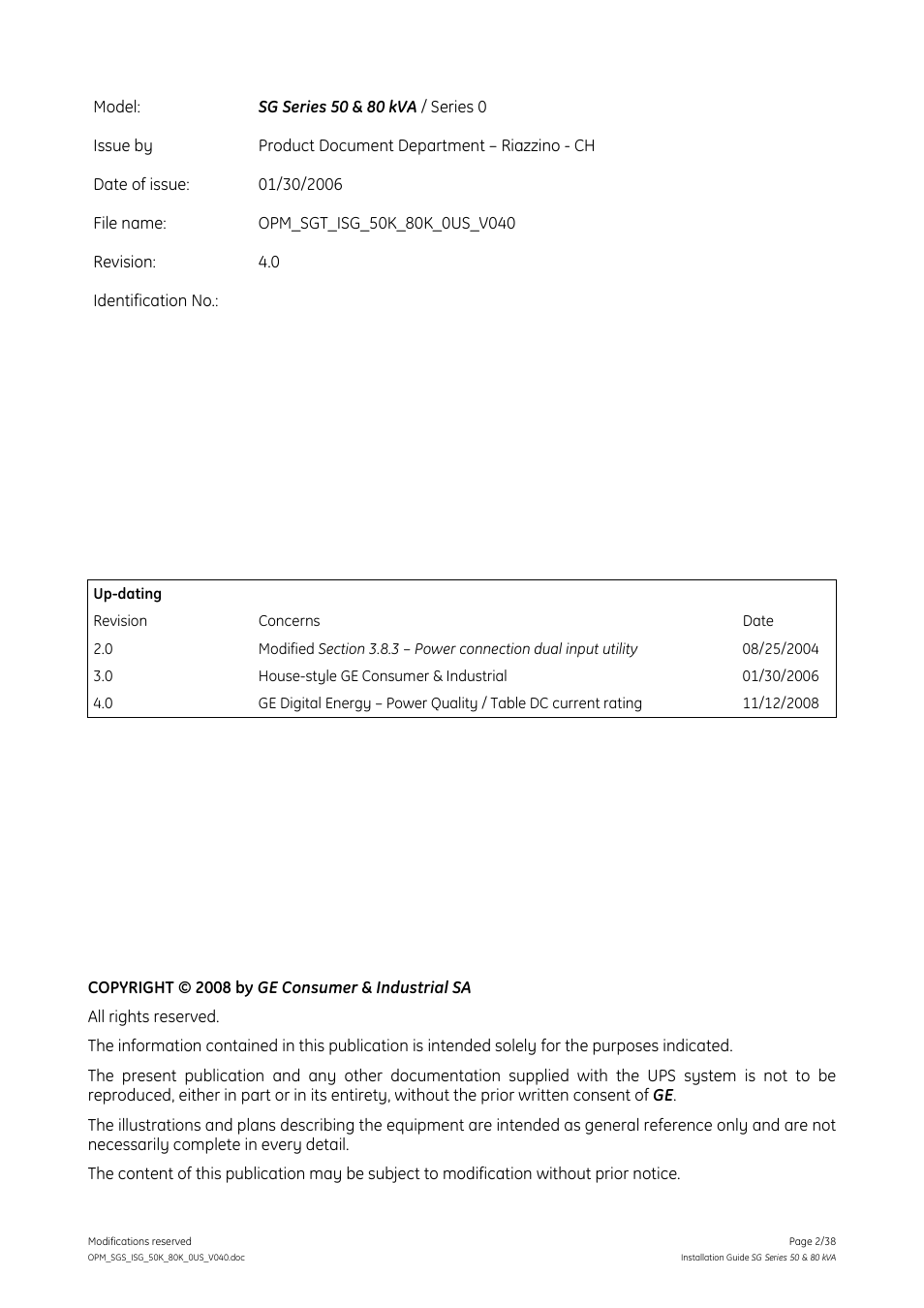 GE Industrial Solutions SG Series 50 & 80 kVA Installation Guide User Manual | Page 2 / 38