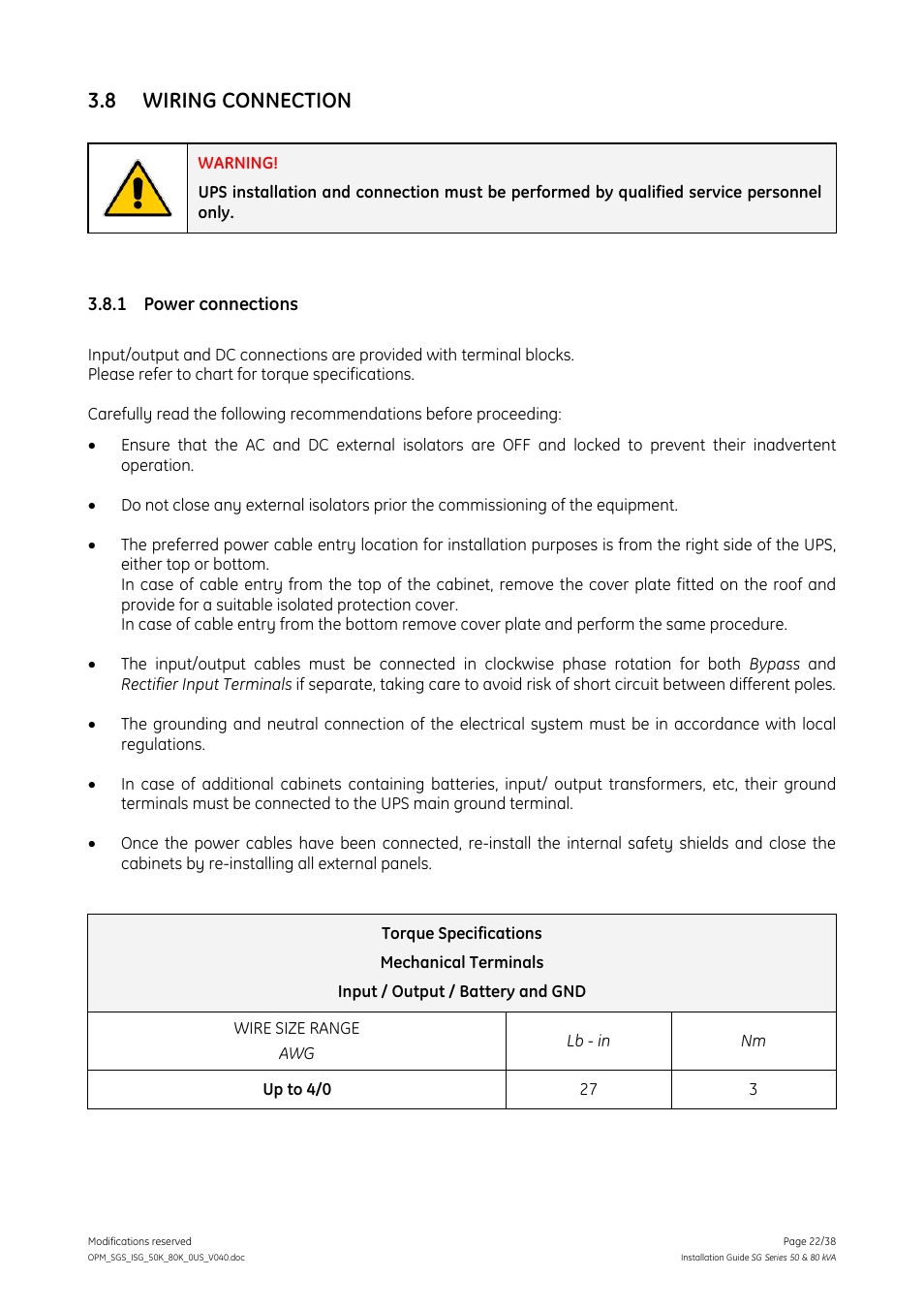 8 wiring connection, 1 power connections, Wiring connection | Power connections | GE Industrial Solutions SG Series 50 & 80 kVA Installation Guide User Manual | Page 22 / 38