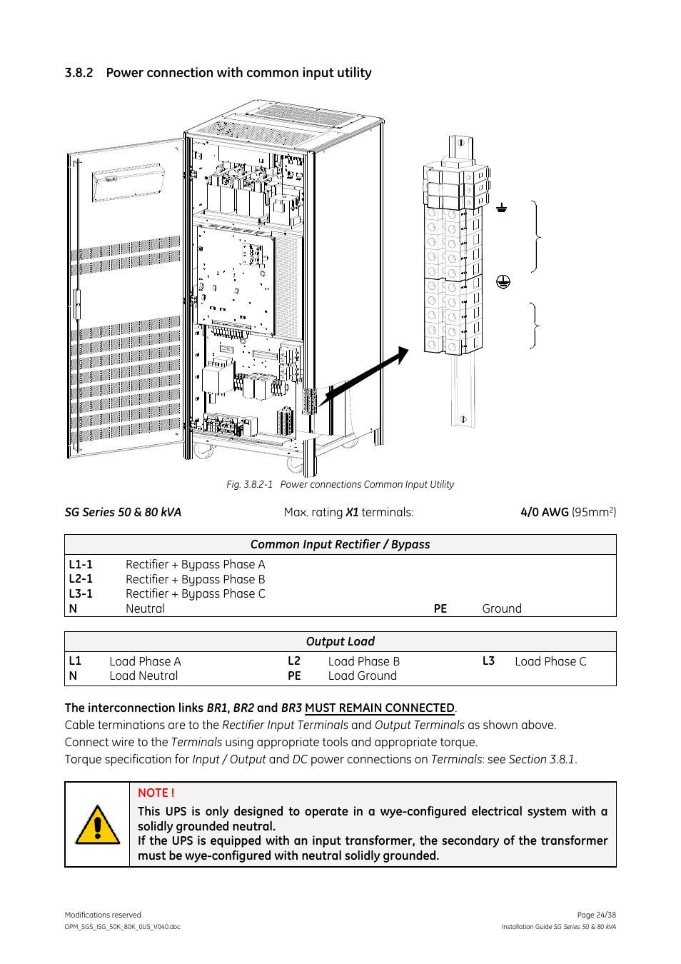 2 power connection with common input utility, Power connection with common input utility | GE Industrial Solutions SG Series 50 & 80 kVA Installation Guide User Manual | Page 24 / 38