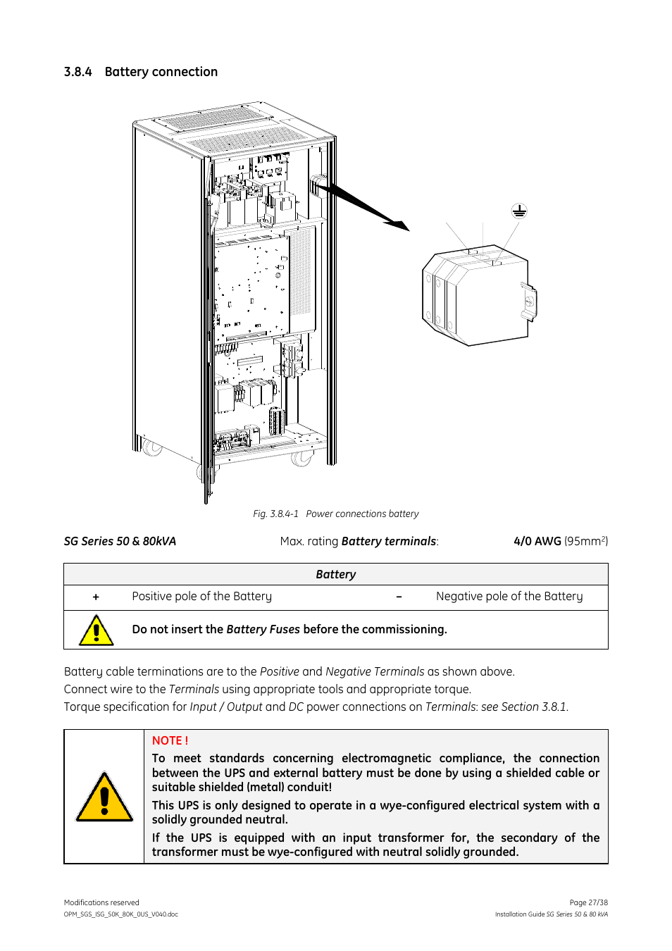 4 battery connection, Battery connection | GE Industrial Solutions SG Series 50 & 80 kVA Installation Guide User Manual | Page 27 / 38